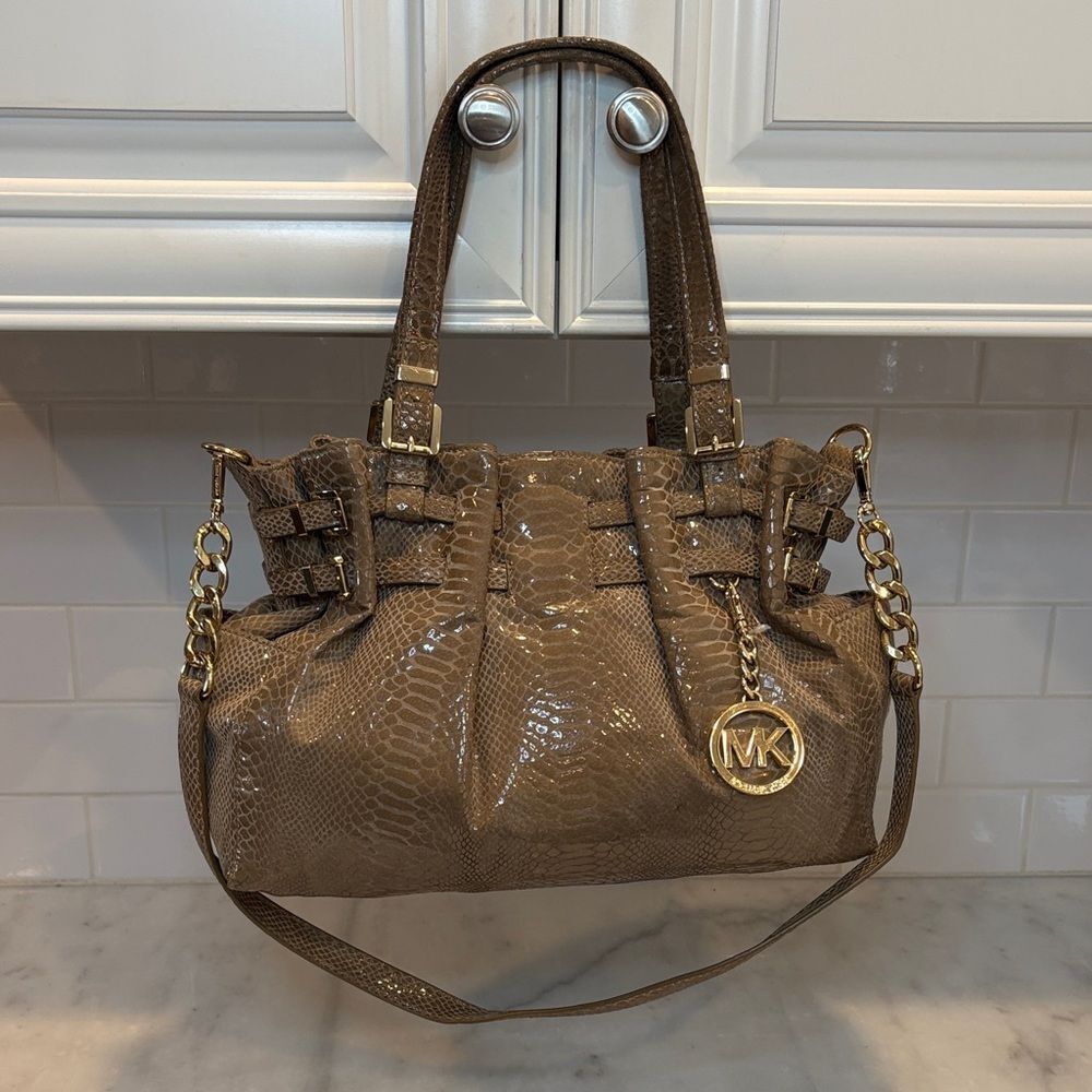 Michael Kors Bag Purse Handbag Edie Python Snakeskin Leather Buckle Shoulder